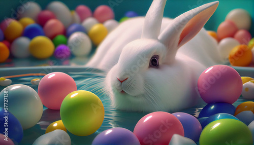 White plowed rabbit in a bowl full of colorful Easter eggs. Generated by artificial intelligence