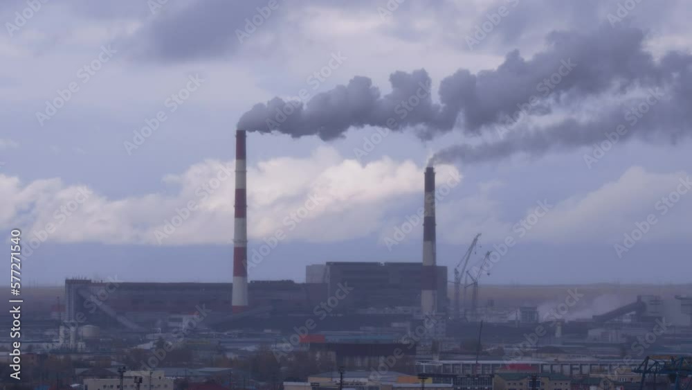Timelapse Panorama Of Factory Smoke Industrial Pipes, Evening View Timelapse Panorama Of Factory Smoke Industrial Pipes, Evening View