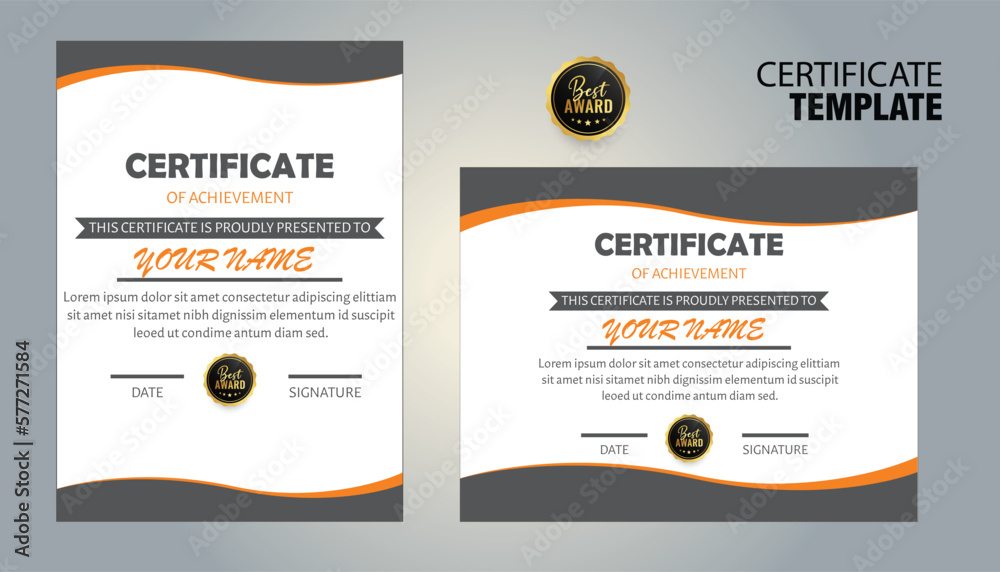 Modern black and orange certificate of achievement award template with ...