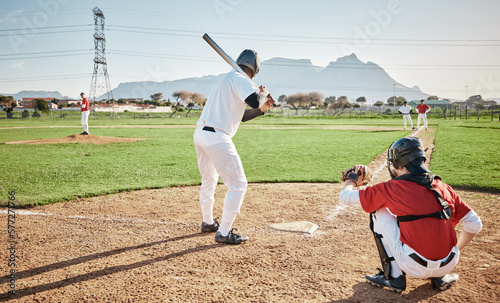 Baseball batter, game or sports man on field at competition, training match on a stadium pitch. Softball exercise, fitness workout or back view of players playing outdoors on grass field in summer