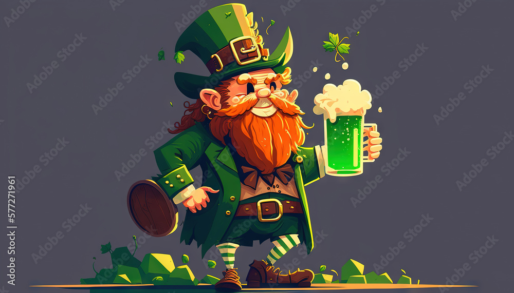 Naklejka premium St.Patrick's Day celebration flat anime style background. Leprechaun man in green hat with green beer Generative ai