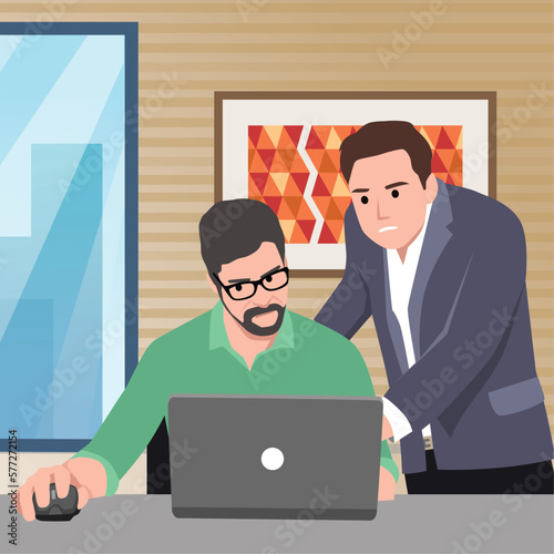 Man angry manager asking his depressed staff for an unfinished job. Work pressure at he office concept.