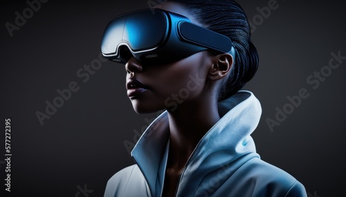 Woman with Modern VR headset, exploring Metaverse. Isolated studio shot. Generative AI. © Sparrowski