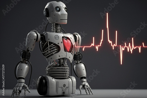 Robot man or very detailed futuristic android isolated on black background, pulse, robot heartbeat. Generative AI.