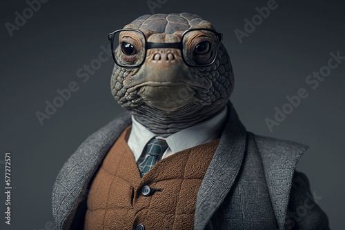 Portrait of a turtle with glasses and a formal suit, black background. generative ai.