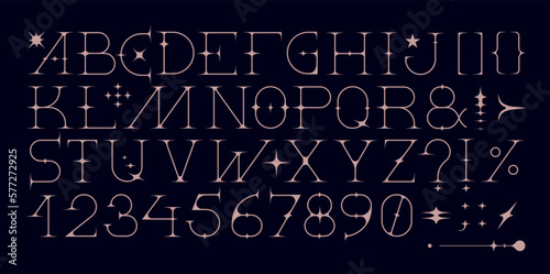 This vector image showcases a Y2K-inspired alphabet design using thin lines and star elements. The result is a clean, modern aesthetic that's perfect for digital designs and contemporary projects.