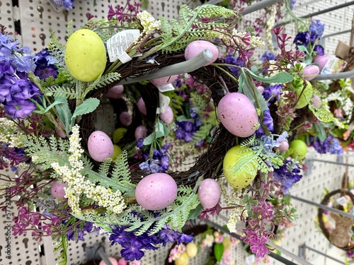 Canvas Print easter eggs and flowers. wreath with eggs and flowers for Easter