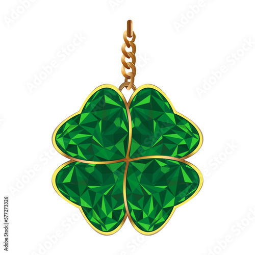 Jewelry decoration on a gold chain for St. Patrick's Day. Green diamond four leaves clover. Four -leaved emerald clover in a gold frame. Vector illustration