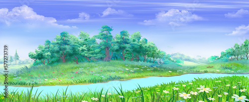 River near the forest landscape illustration