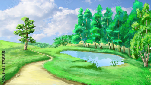 Dirt road at the edge of the forest illustration