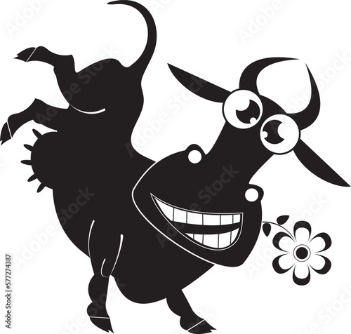 Original cartoon caw illustration. 
Cute cow, dairy farm. Black and white illustration
