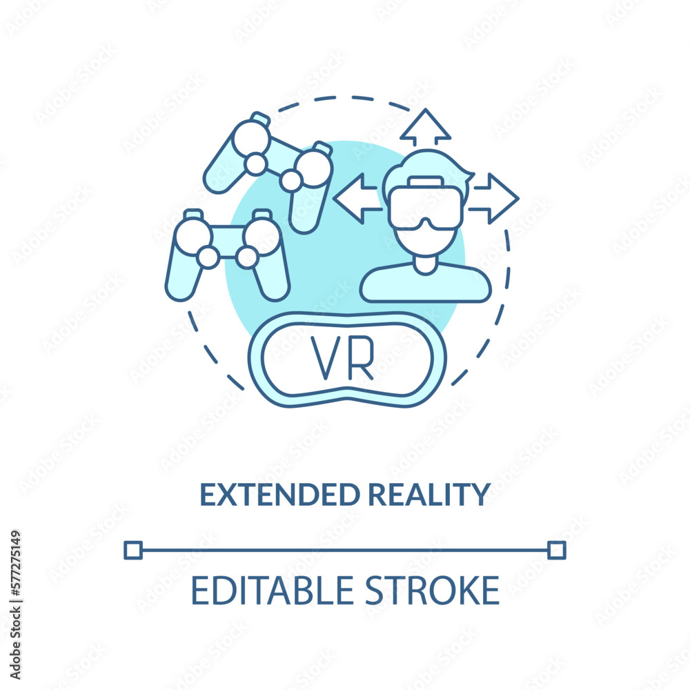 Extended reality turquoise concept icon. Spatial computing. Metaverse technology abstract idea thin line illustration. Isolated outline drawing. Editable stroke. Arial, Myriad Pro-Bold fonts used Extended reality turquoise concept icon. Spatial computing. Metaverse technology abstract idea thin line illustration. Isolated outline drawing. Editable stroke. Arial, Myriad Pro-Bold fonts used