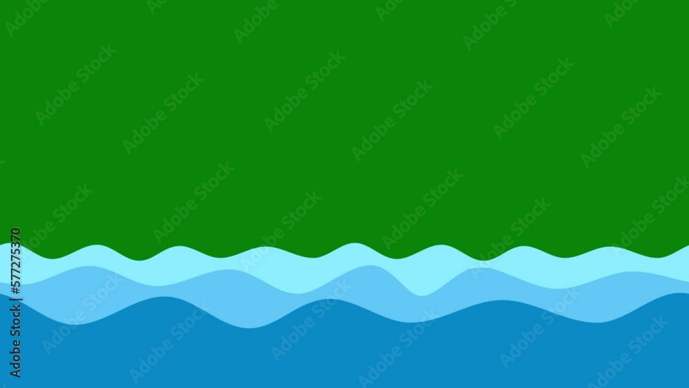 Looping Animated Cartoon sea waves on green background. Moving water circle. Sea video repeats seamlessly. Neat connection River flow pattern