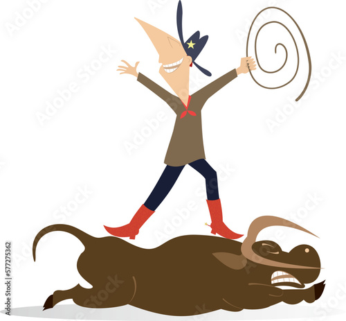 Cartoon farmer or cowboy and bull. Farm. Rodeo. 
Farmer or cowboy with lasso stands on laying bull. Isolated on white background
