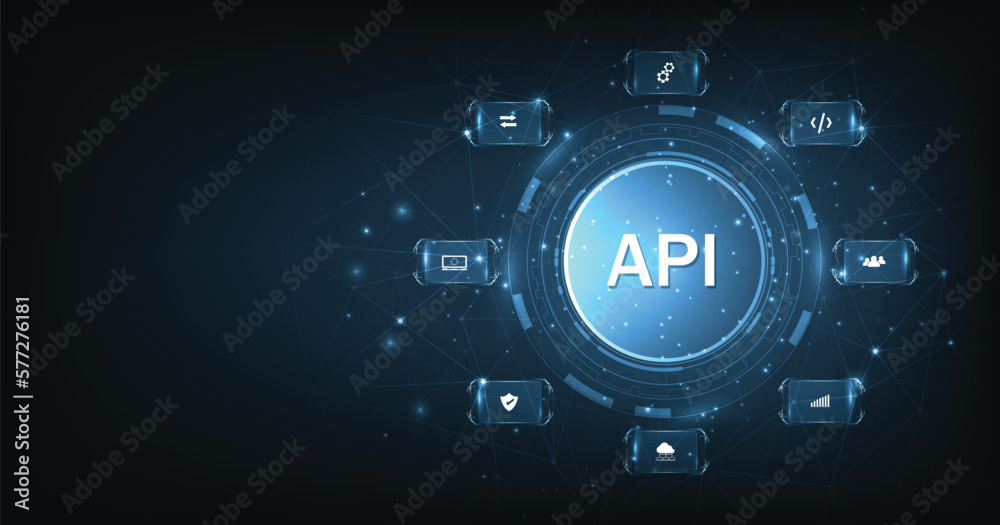 Application Programming Interface (API) on blue background. Software development tools, information technology, modern technology, internet. Application Programming Interface (API) on blue background. Software development tools, information technology, modern technology, internet.
