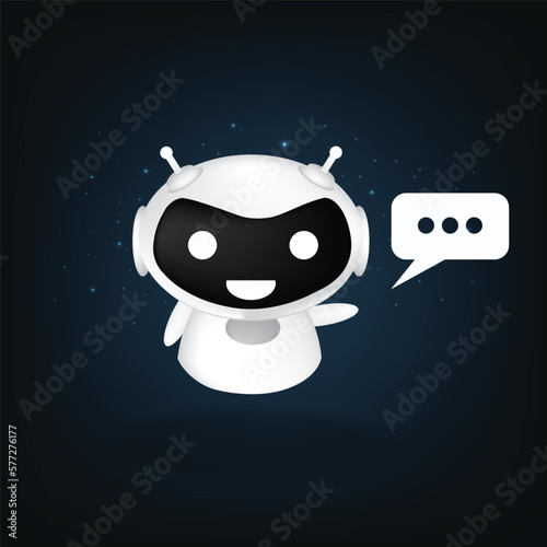 Cute white robot. Vector illustration. Cute white robot on blue background. Customer service Chatbot icon. 