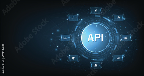 Application Programming Interface (API) on blue background. Software development tools, information technology, modern technology, internet.	