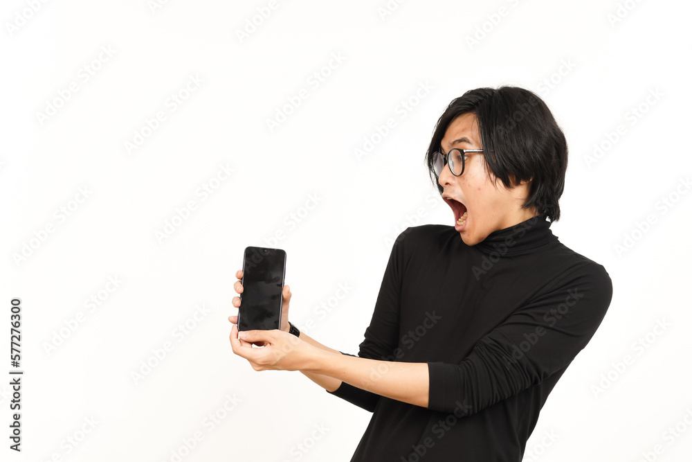 Showing Apps or Ads On Blank Screen Smartphone Of Handsome Asian Man Isolated On White Background Showing Apps or Ads On Blank Screen Smartphone Of Handsome Asian Man Isolated On White Background