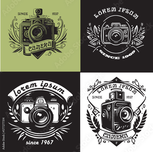Vector set of logos with cameras. Logo made in vintage style