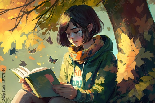 girl reading book created using AI Generative Technology