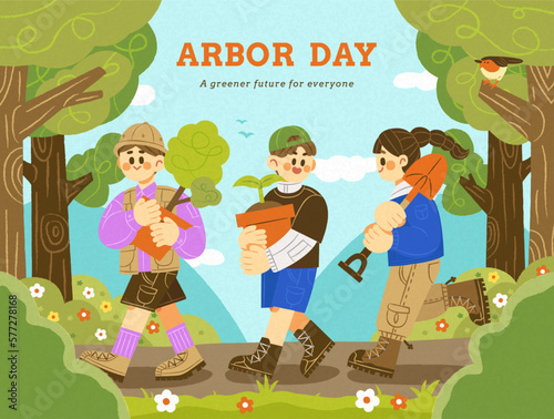 Kids carrying plants and shovel