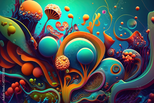 A rich texture is created by the abstract background and numerous colors and dyes. When attentively examining the image, intriguing organic shapes and structures created by colors under water become a photo