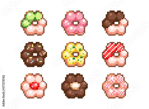 Pixel art flower shaped donuts. Japanese Ube Mochi in vintage 8 bit mosaic style for stickers, icons, logo, and decorative elements. Vector video game set of sweet dessert food.