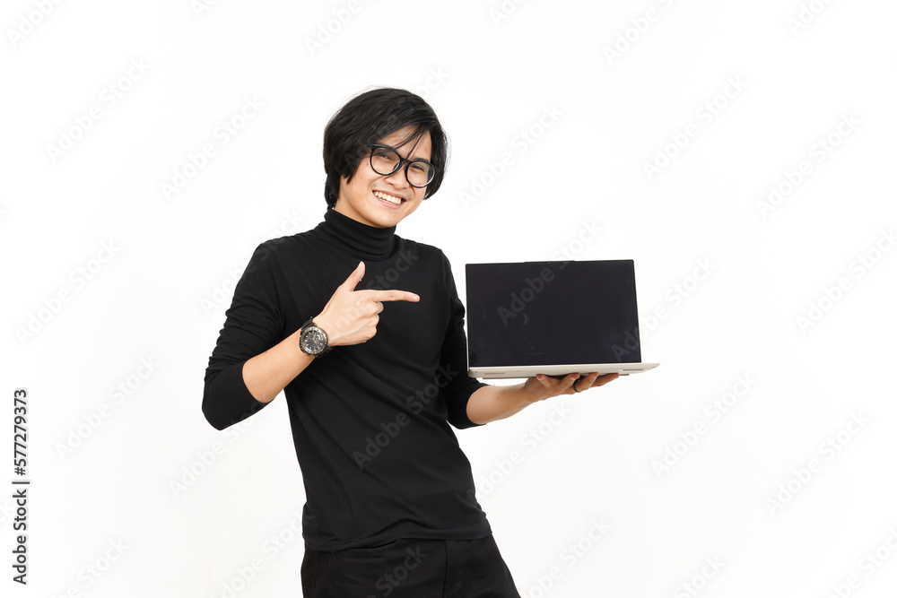 Showing Apps or Ads On Laptop Blank Screen Of Handsome Asian Man Isolated On White Background