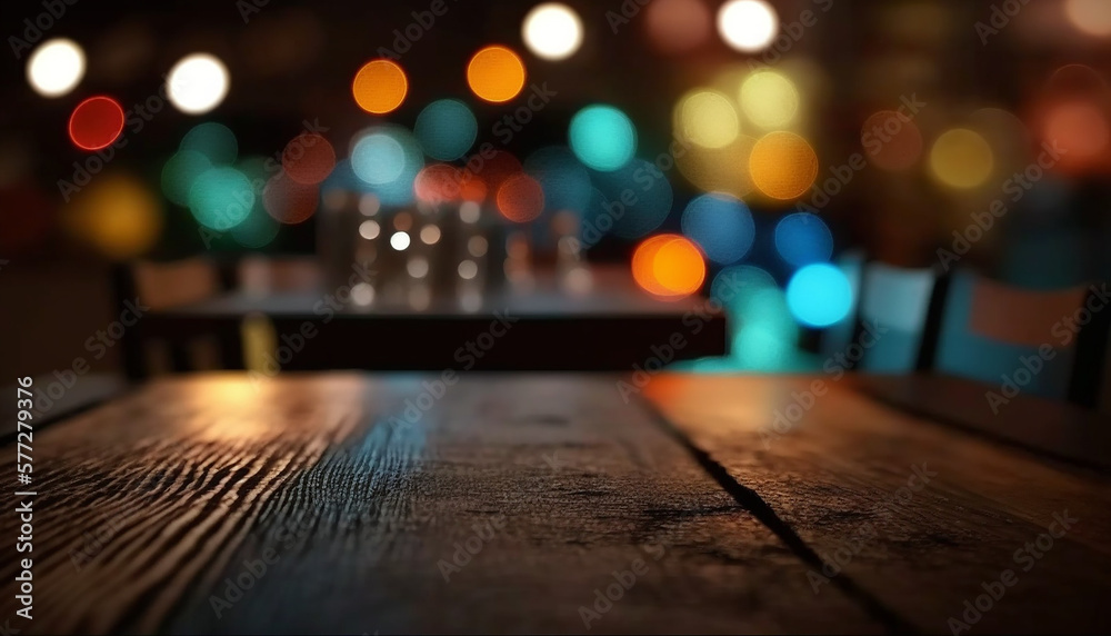 Closeup wooden table, blurred bokeh background. Neon light, dark night view interior background.
