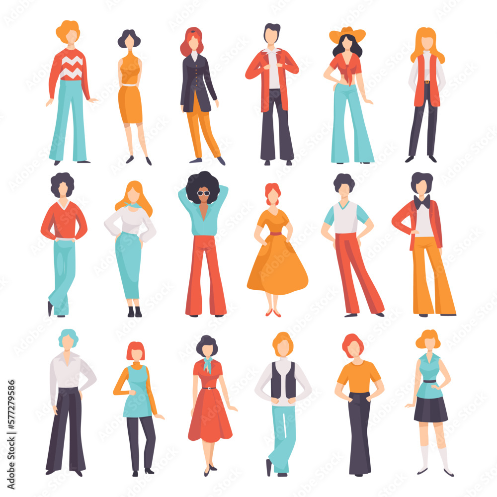 Set of people in 70s fashion style clothes and hairstyle. Young men and women dressed in trendy clothes in style of 70s vector