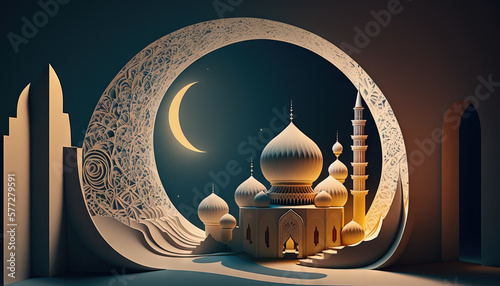 Ramadan's celebration background with Mosque and crescent moon at night, generative ai 