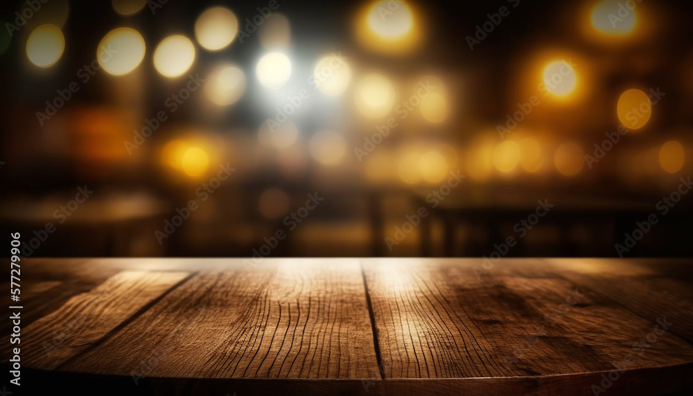 Closeup wooden table with dark night view interior background, blurred bokeh Neon light background. 