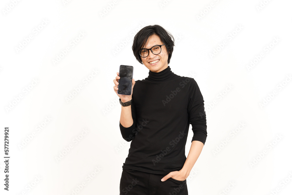 Showing Apps or Ads On Blank Screen Smartphone Of Handsome Asian Man Isolated On White Background Showing Apps or Ads On Blank Screen Smartphone Of Handsome Asian Man Isolated On White Background