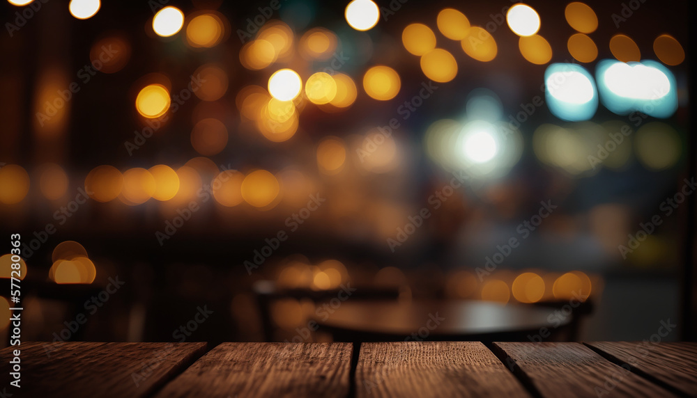 Dark night view interior background. Closeup wooden table with blurred ...