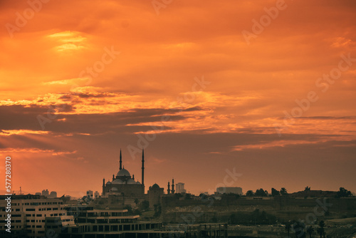 View of the Cairo Citadel, and the 19th-century Muhammad Ali Mosque at sunset