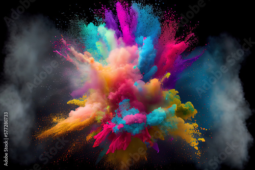 Explosion of colored powder on black background. Generative Ai