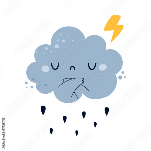 Blue Fluffy Cloud with Grumpy Face and Folded Arms Pouring Rain Drop and Lightning Vector Illustration