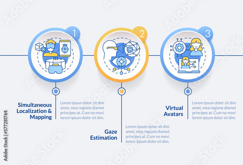 Synthetic data solutions for metaverse circle infographic template. Data visualization with 3 steps. Editable timeline info chart. Workflow layout with line icons. Lato-Bold, Regular fonts used