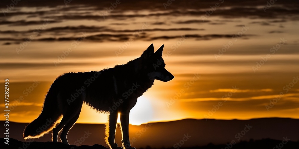 Silhouette eines Wolfes in der Abendsonne der Nacht entgegen, ai generativ Silhouette eines Wolfes in der Abendsonne der Nacht entgegen, ai generativ