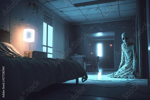 Obraz na płótnie Scary ghost in haunted hotel room. Generative ai.