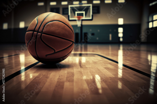 Basketball ball in front of big modern basketball arena. Generative ai.