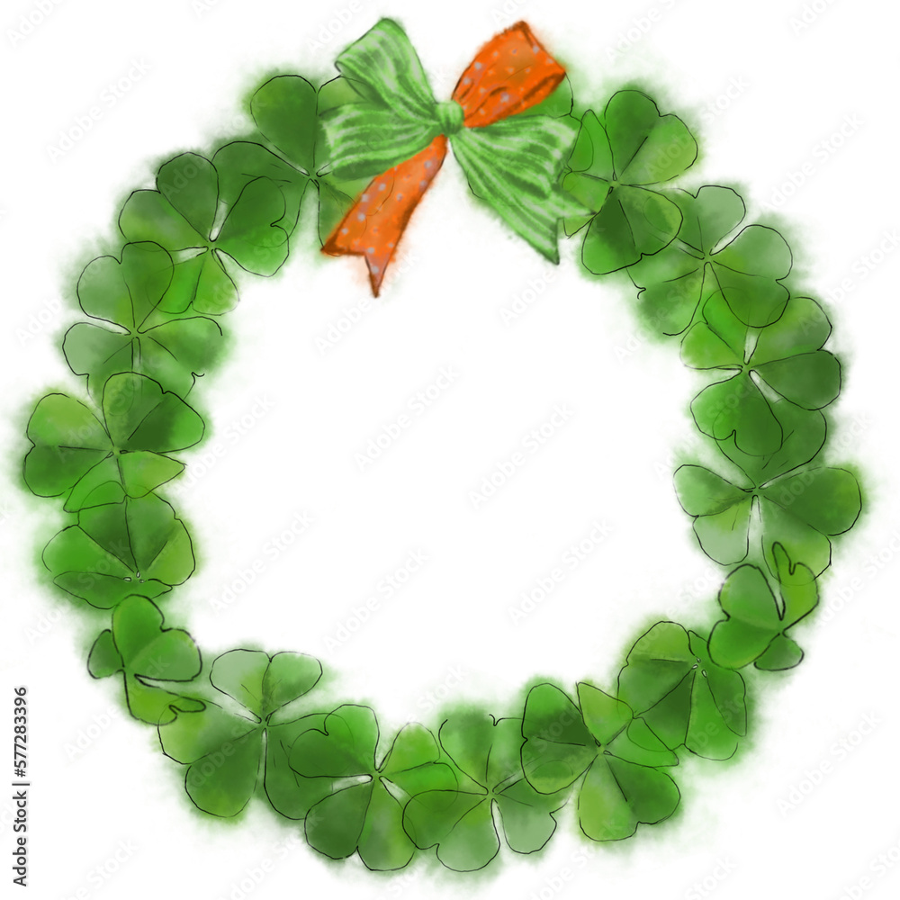 Shamrock Wreath with Orange-Green Bow. Great for Print, Greeting Card, Announcement, Advertisement, Invitation etc.