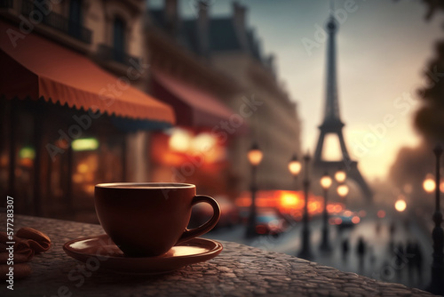 Delicious coffee on blurred background of Paris cozy street and Eiffel tower. Generative AI