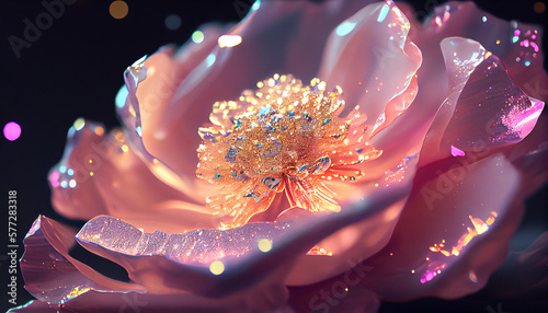 Beautiful glitter iridescent light. Close up 3d pink peony crystal flower, wallpaper background.