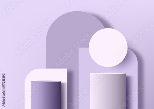 3D realistic purple and white podium shelf with rounded geometric, circle backdrop