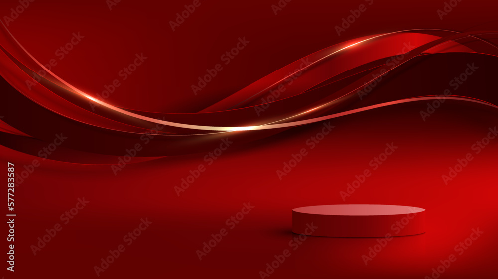 3D realistic red podium with red color wave lines with shiny golden curved line - obrazy, fototapety, plakaty 