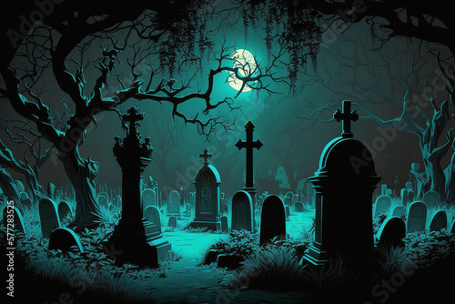 Horror cemetery at night.Digital art