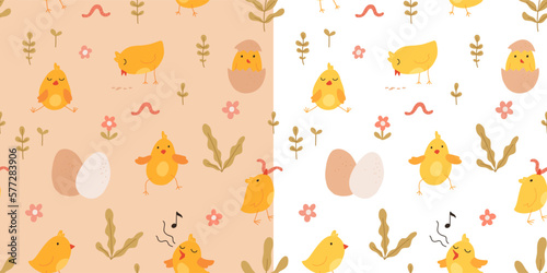 Seamless pattern with cute cartoon chicks. Easter festive illustration. Cute lovely family of domestic fowl or poultry birds. Childish flat cartoon vector illustration.