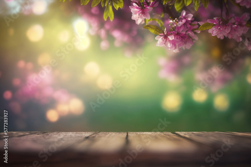 Magic background of spring blossoms on wooden table in green garden with bokeh lights. Generative ai.