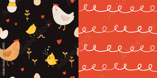 Seamless pattern with rooster, hen and chicks. Chicken with brood. Cute lovely family of domestic fowl or poultry birds. Childish flat cartoon vector illustration.